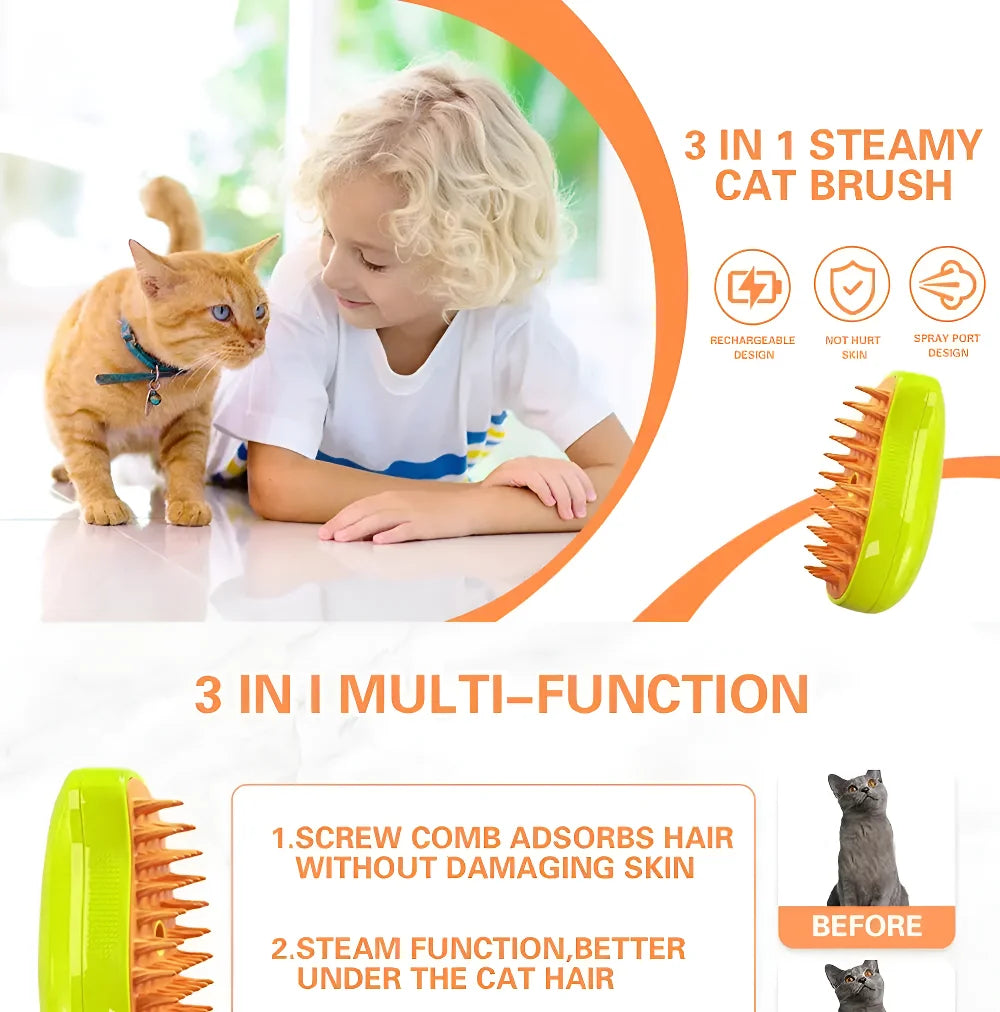 3-in-1 Pet Steam Brush – Massage & Shedding Electric Comb