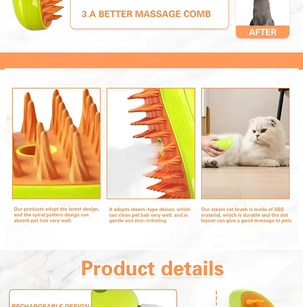 3-in-1 Pet Steam Brush – Massage & Shedding Electric Comb